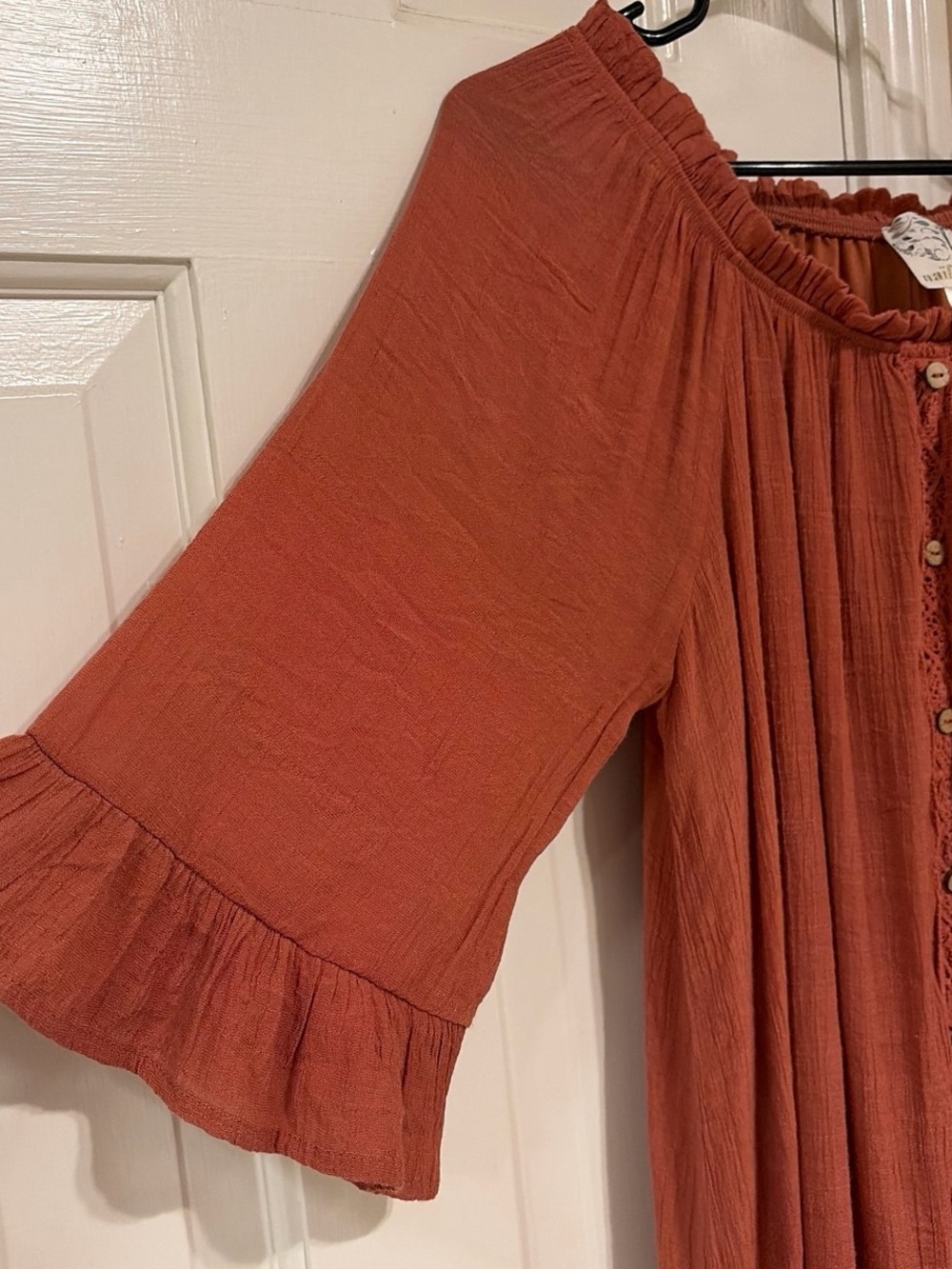 Rust Off-Shoulder Button Front Dress - Picture 6 of 7